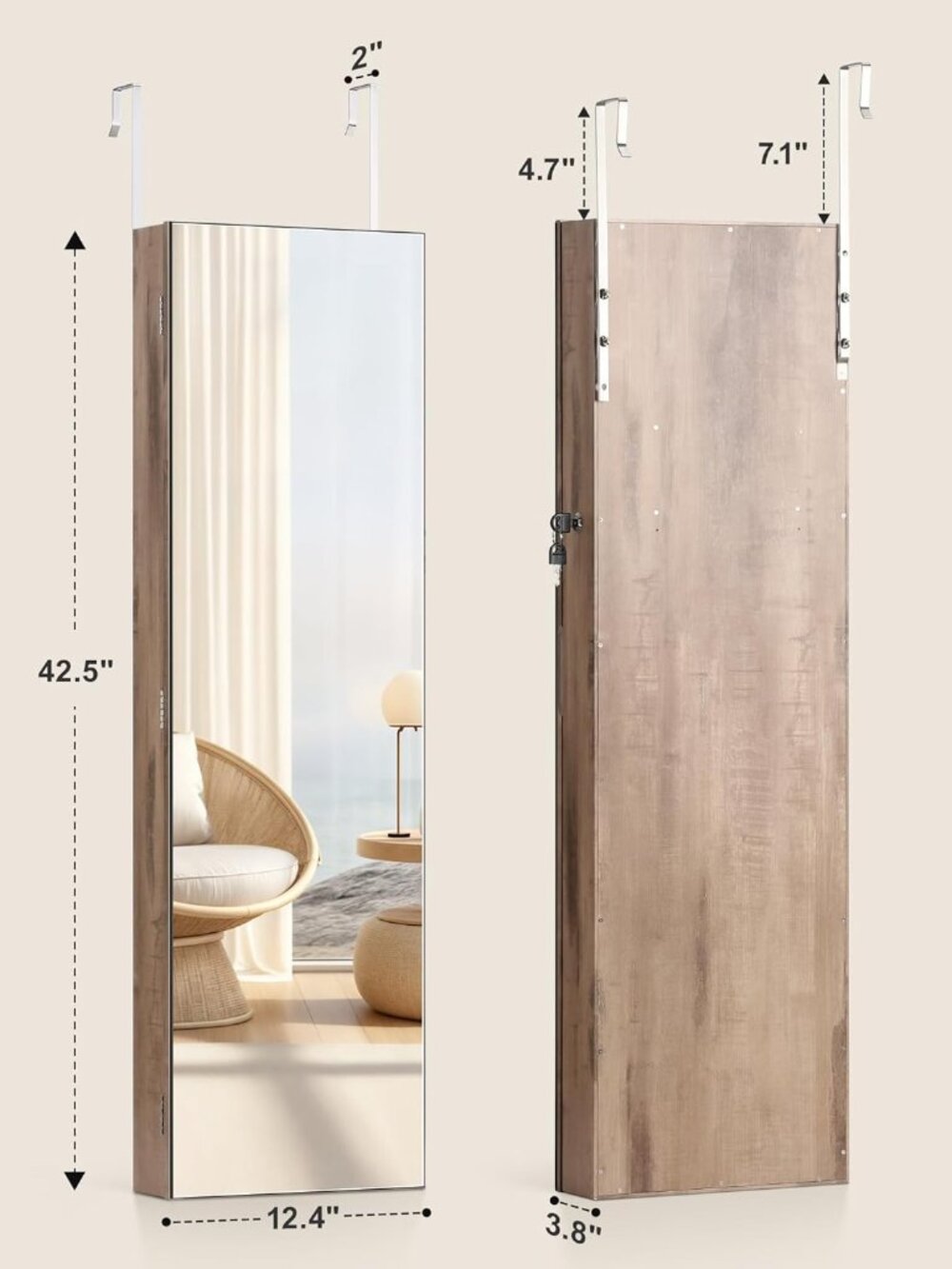 Mirror Jewelry Cabinet, Jewelry Armoire with Full Length Mirror,Mirror with Jewe - Picture 3 of 7
